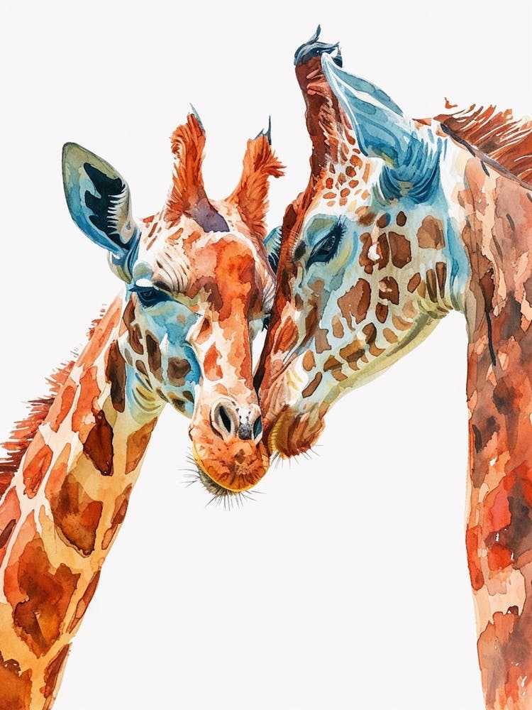 Two Affectionate Giraffes Watercolour 2