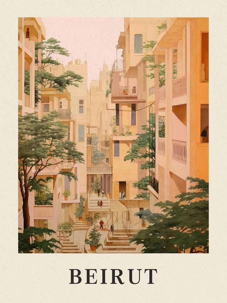 Beirut Lebanon 2 Vintage Pink Travel Illustration Poster