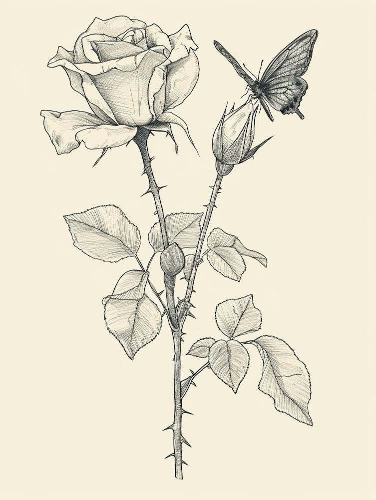 English Rose Butterfly Line Drawing 4