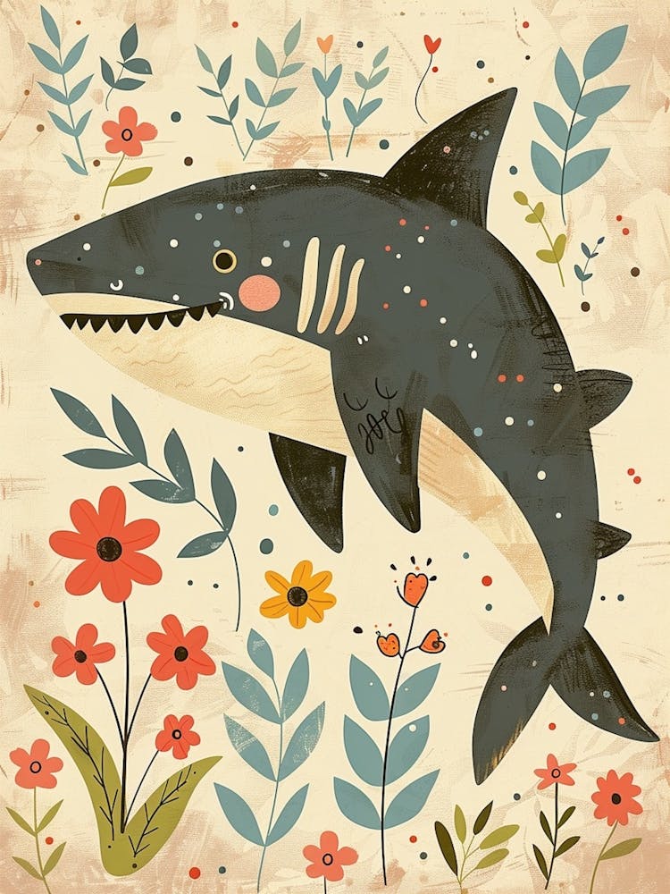 Muted Pastel Cute Shark With Flowers Illustration 3