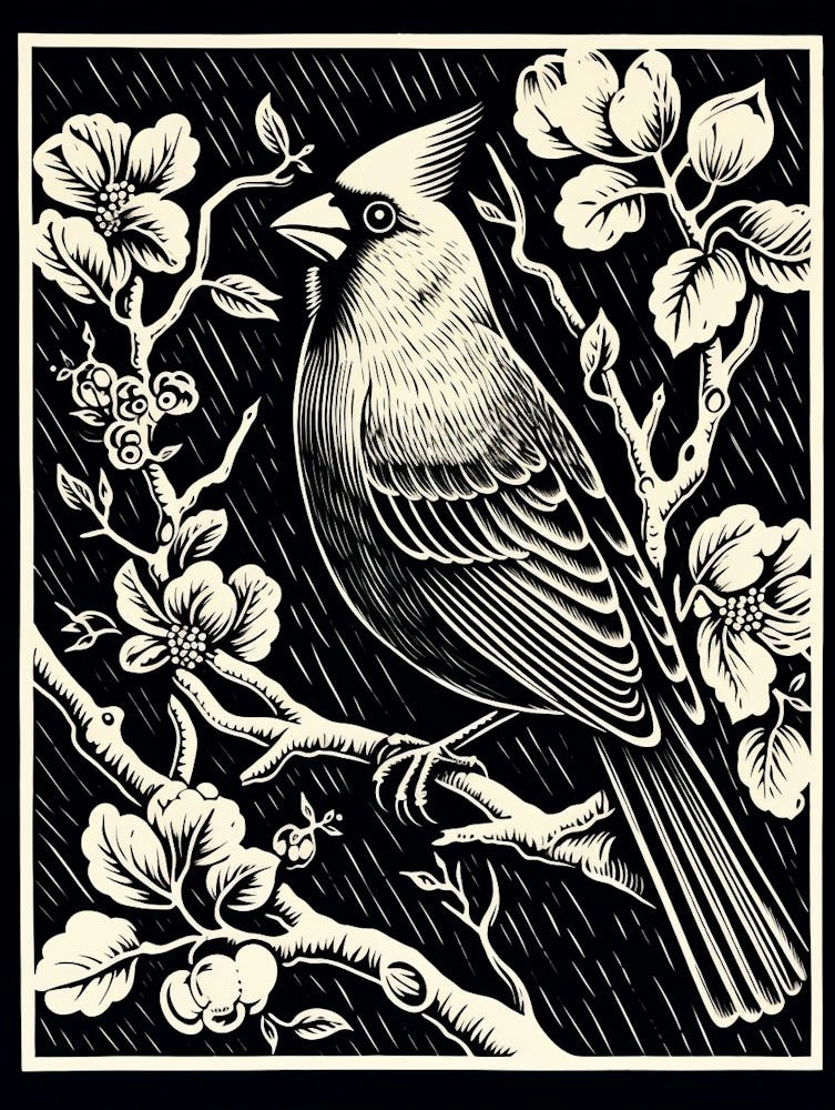 B&W Bird Linocut Cardinal 1