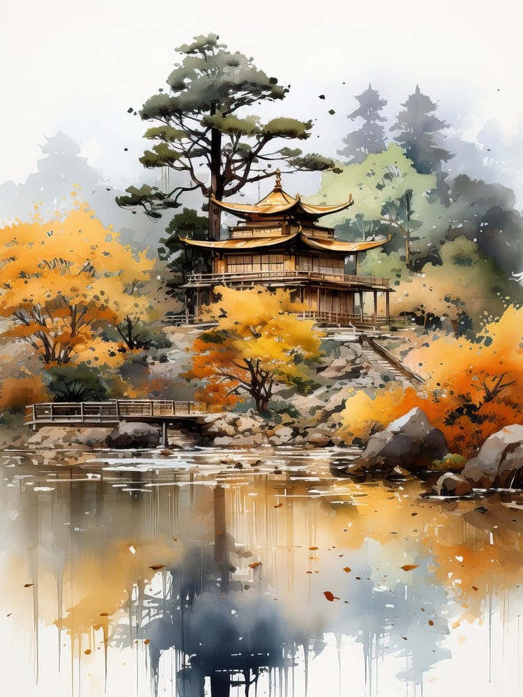 Kinkaku Ji (Golden Pavilion) In Kyoto, Japanese Brush Painting, Ukiyo E, Minimal 1
