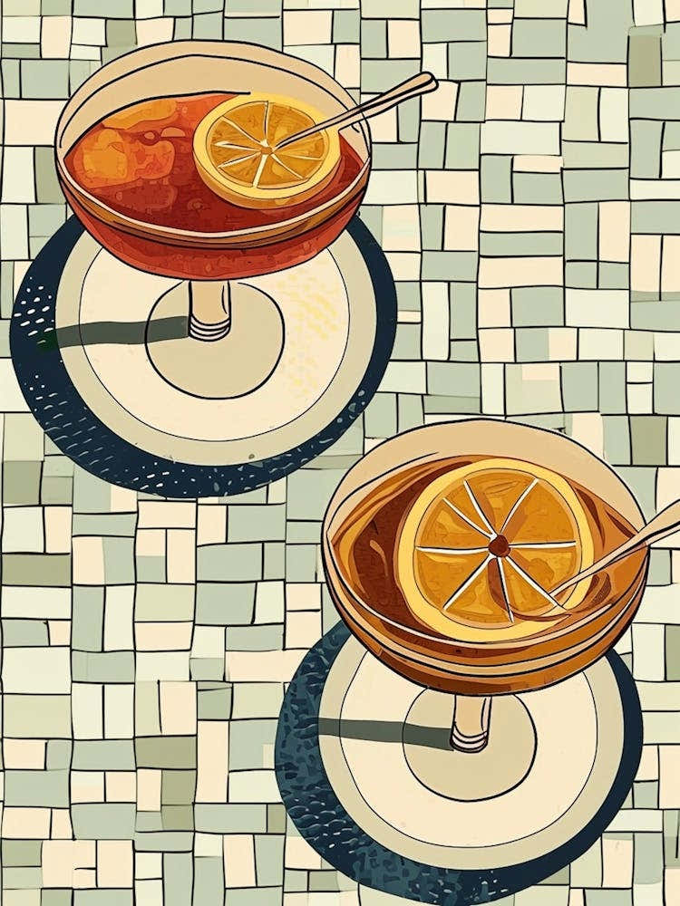 Cocktail & Orange Slice On A Tiled Background