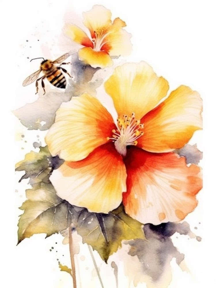 Beehive With Hibiscus Watercolour Illustration 2