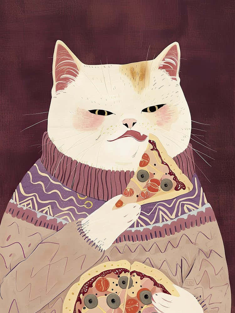 Cute White Cat Pizza Lover Folk Illustration 2