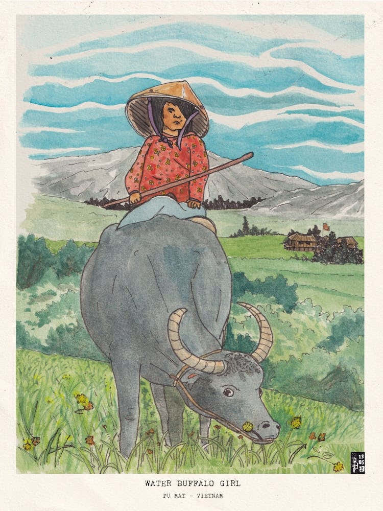 Vietnam Travel - Girl Riding Water Buffalo Watercolor - Vietnamese Culture Landscape Illustration - Vietnam