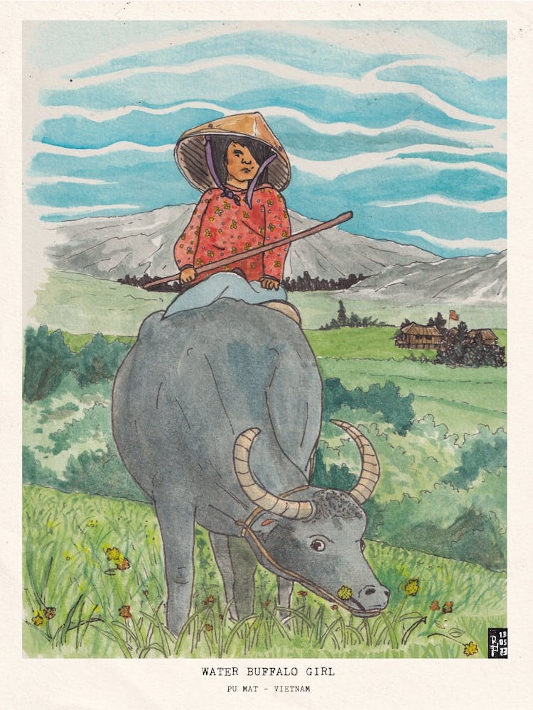 Vietnam Travel - Girl Riding Water Buffalo Watercolor - Vietnamese Culture Landscape Illustration - Vietnam