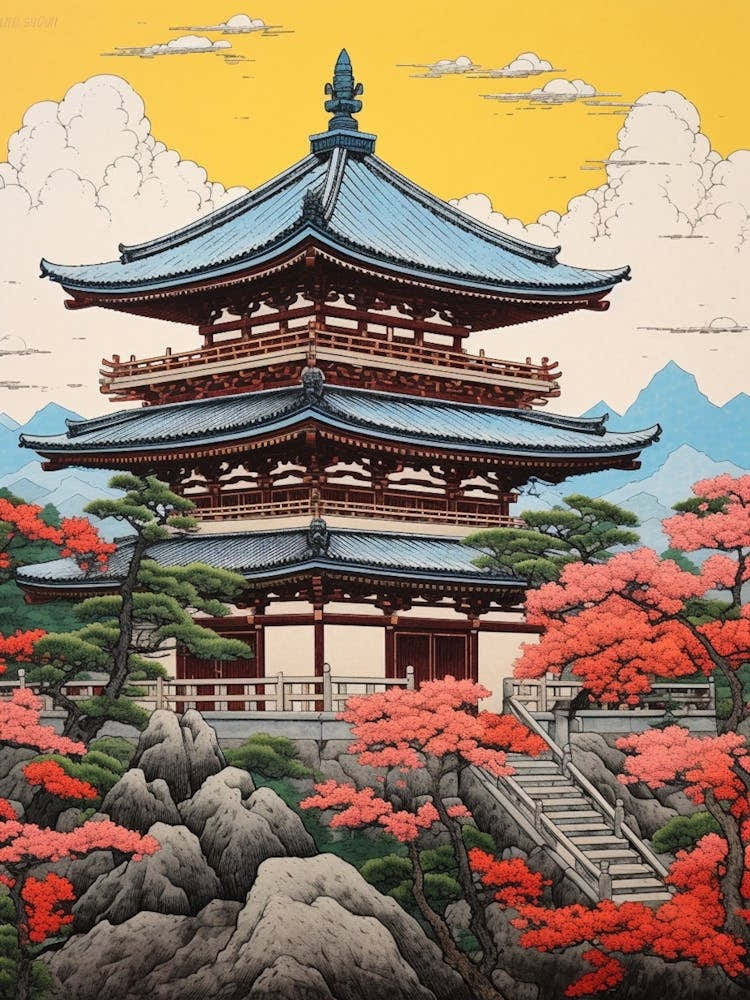 Yamadera Temple, Japan Vintage Travel Art 1