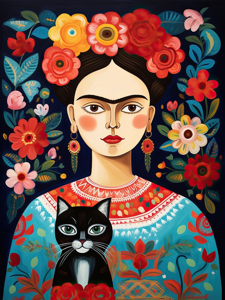 Frida Kahlo Portrait With Black Cat Mexican Painting Botanical Floral