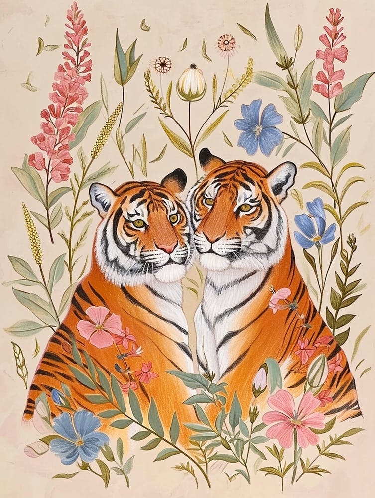 Folksy Floral Animal Drawing Tiger 5
