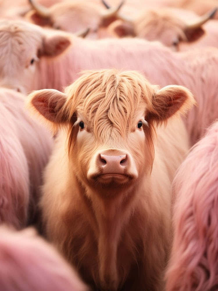 Pink Portrait Of Highland Cow Realistic Photography Style 1