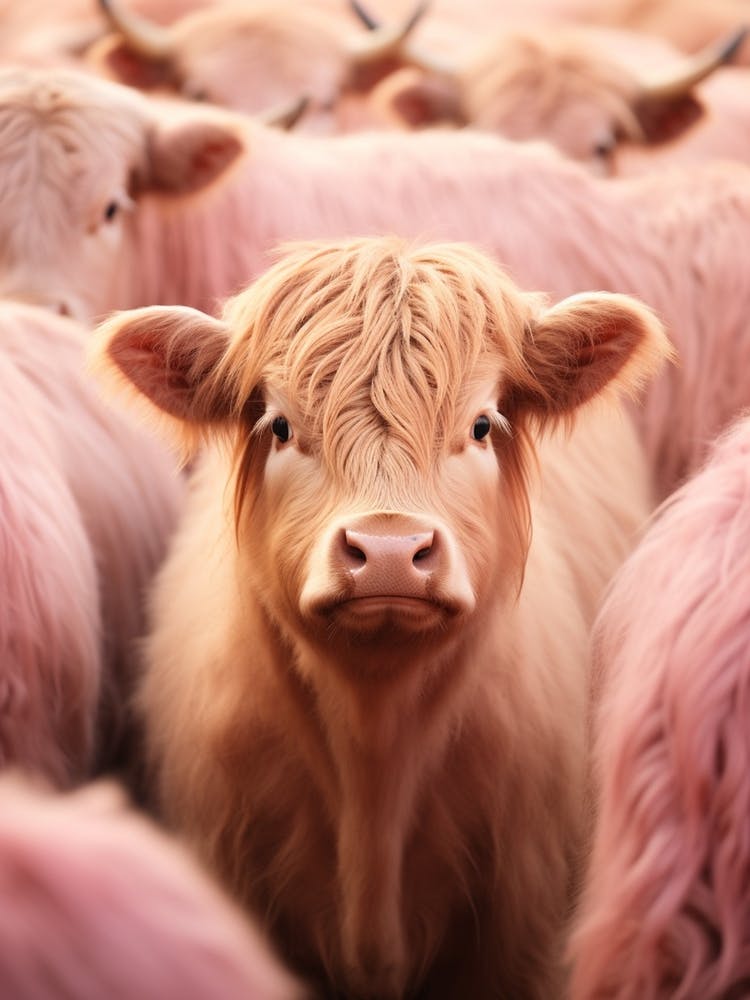 Pink Portrait Of Highland Cow Realistic Photography Style 1