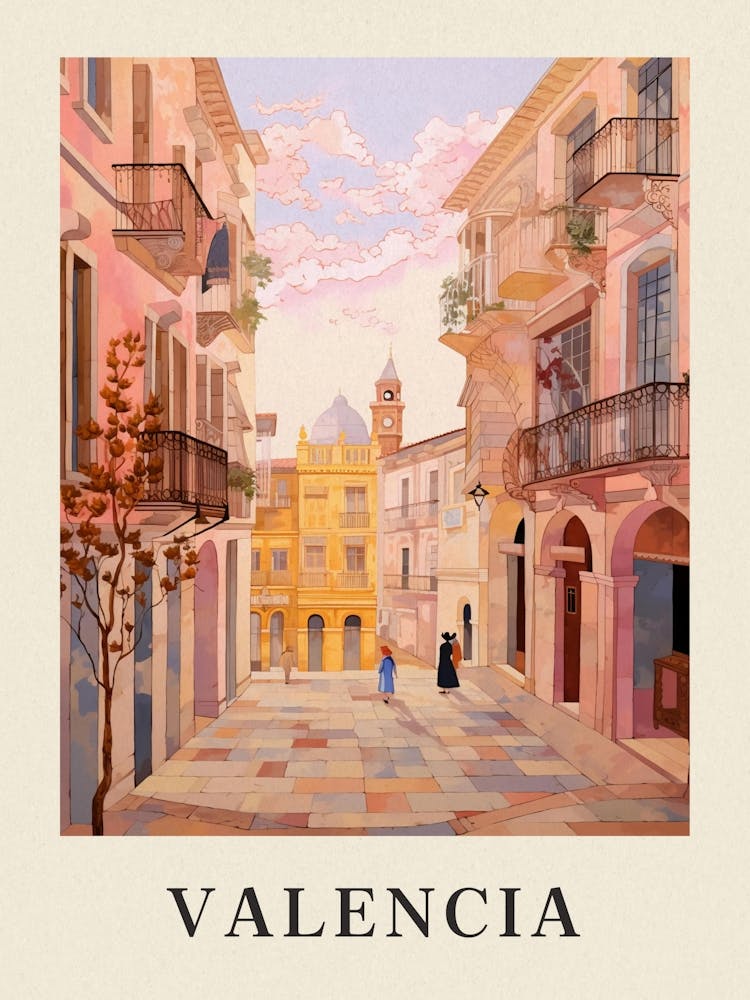 Valencia Spain 2 Vintage Pink Travel Illustration Poster
