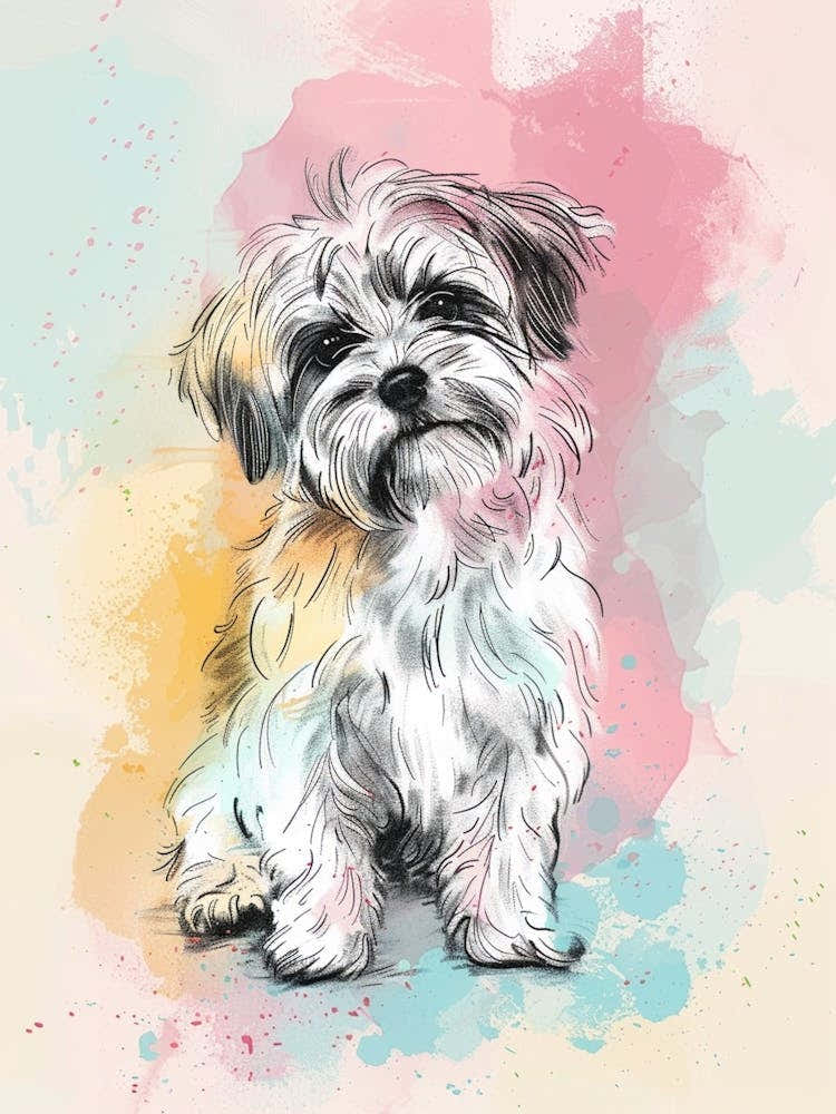 Havanese Dog Pastel Line Watercolour Illustration  1