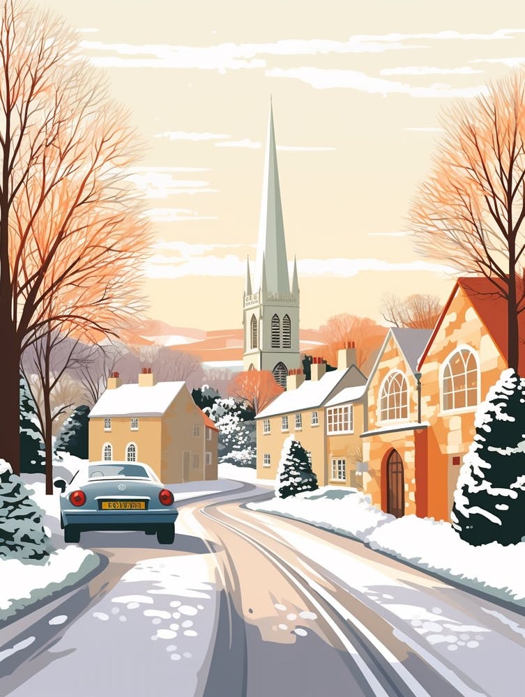 Vintage Winter Travel Illustration Cotswolds United Kingdom 2