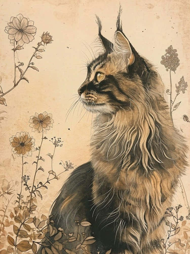 Maine Coon Cat Japanese Illustration 3