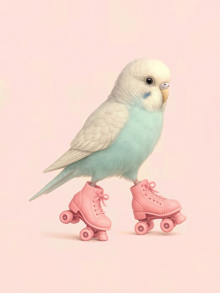 Roller Skating Budgie – Cute Pastel Bird Art for Kids: A pastel parakeet glides on roller skates in this adorable animal fashion print. With minimal design and playful charm, this cute budgie is perfect for kids rooms, bird lovers, and anyone who adores funny pets on wheels.