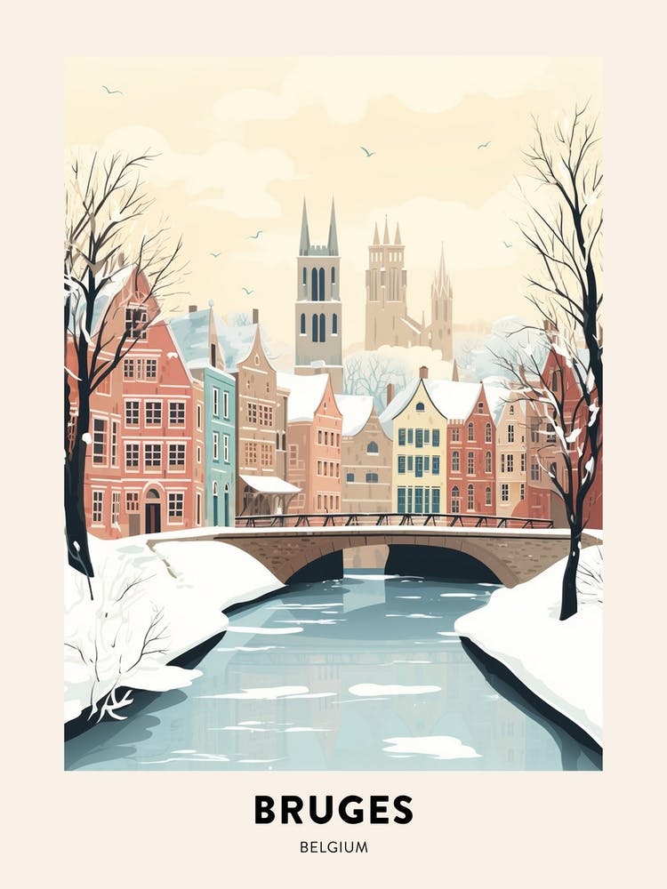 Vintage Winter Travel Poster Bruges Belgium 8