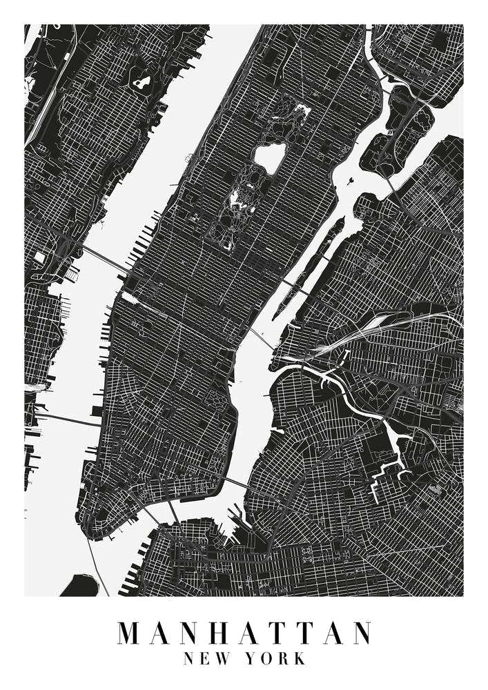 Manhattan New York Minimal Black Mono Street Map