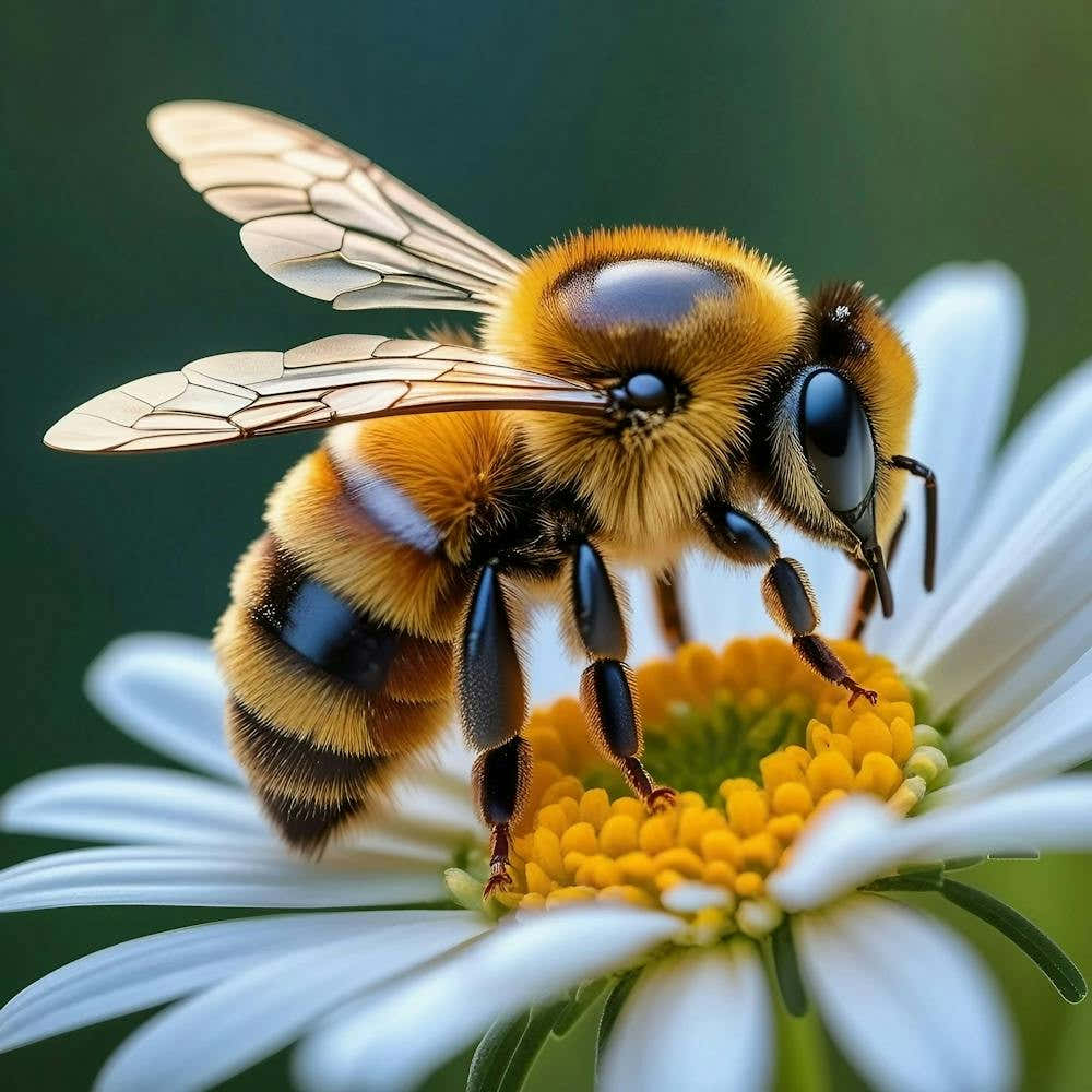 Bumblebee on a white Daisy Flower, macro photography