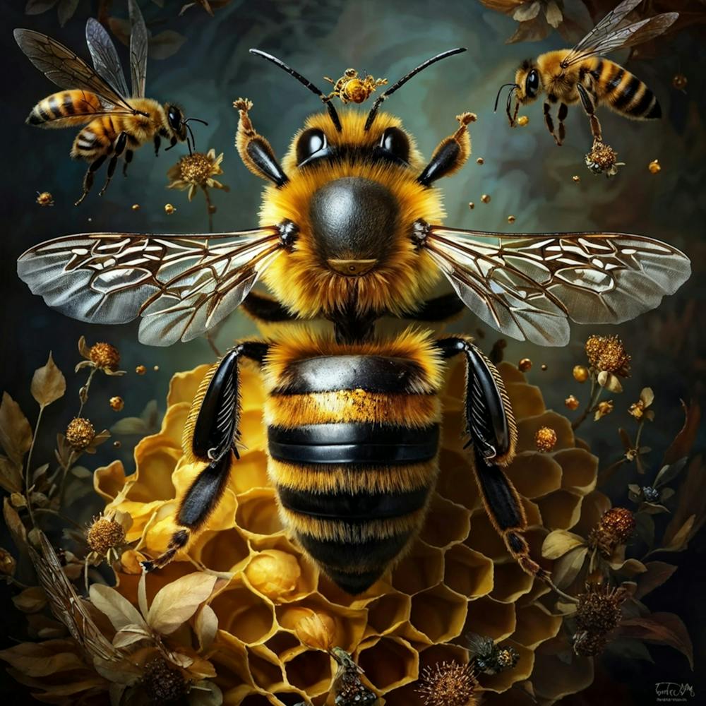 Surreal Portrait Of A Bee Human Hybrid Embodying A Regal Poise Crown Adorned With Bee Motifs Resti