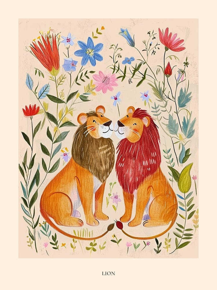 Folksy Floral Animal Drawing Lion 2 Poster
