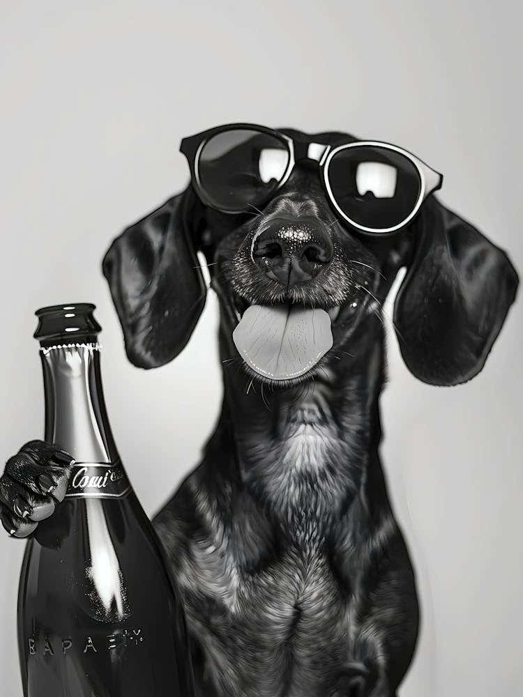 Dachshund Holding Champagne Wall Art, Black And White Print, Dachshund Gift, Pet Art, Alcohol Print, Funny Dog Poster, Home Bar Decor