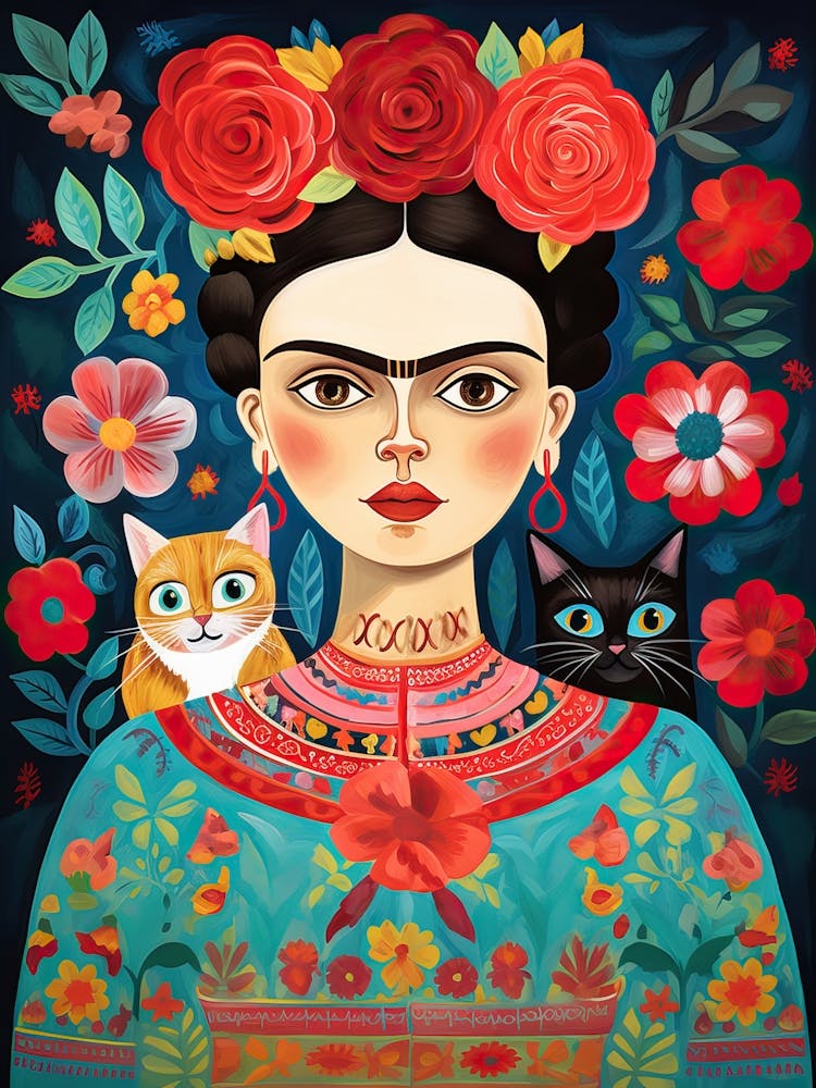 Frida Kahlo Orange Black Cats Mexican Painting Botanical Floral