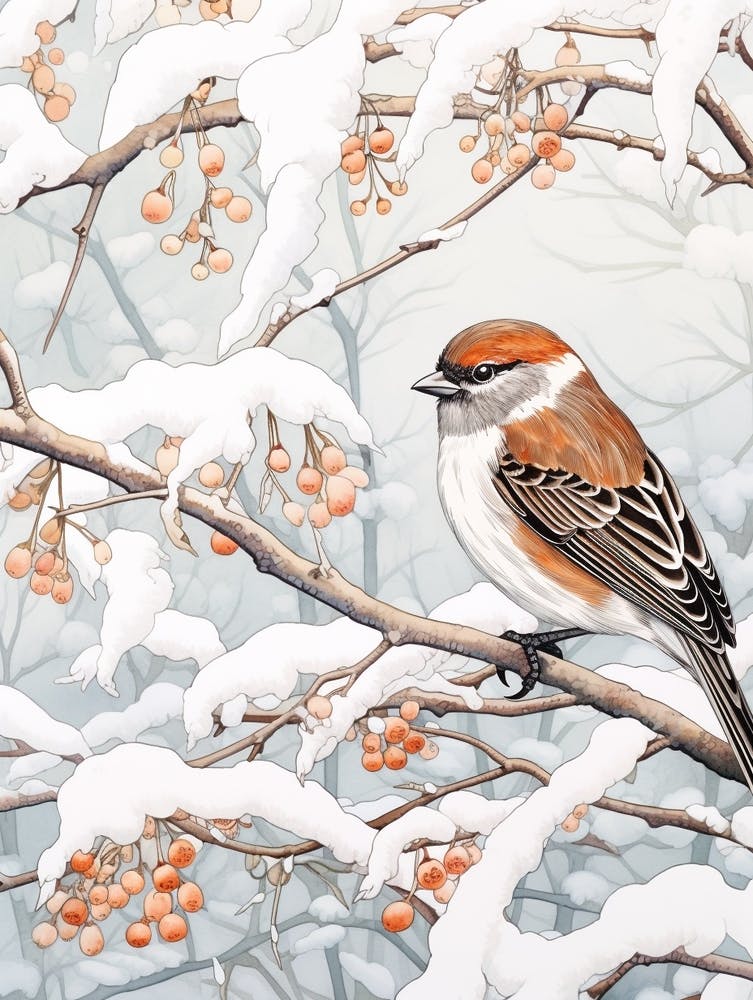 Winter Bird Painting House Sparrow 2