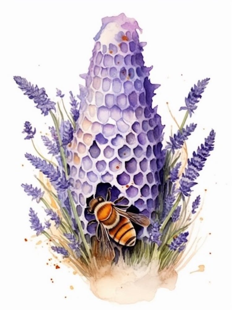 Beehive With Lavender Watercolour Illustration 4