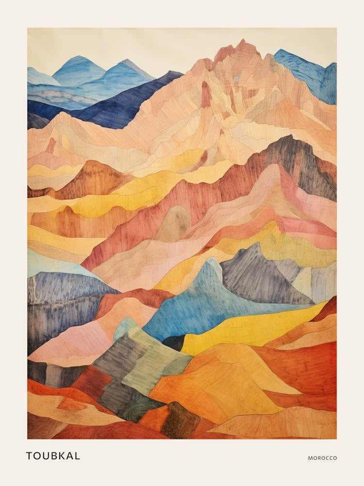 Toubkal Morocco 2 Colourful Mountain Illustration Poster