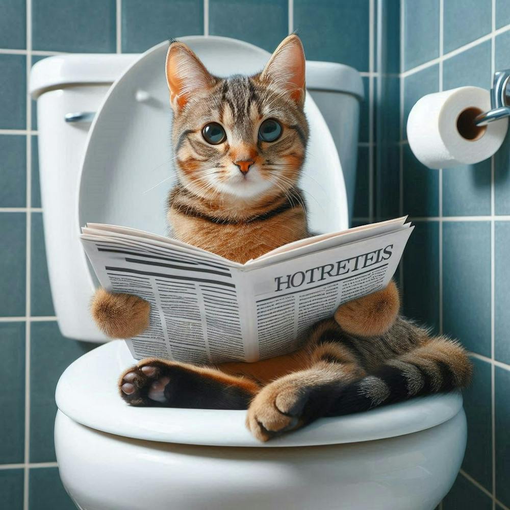 Cat sitting on toilet Reading Newspaper