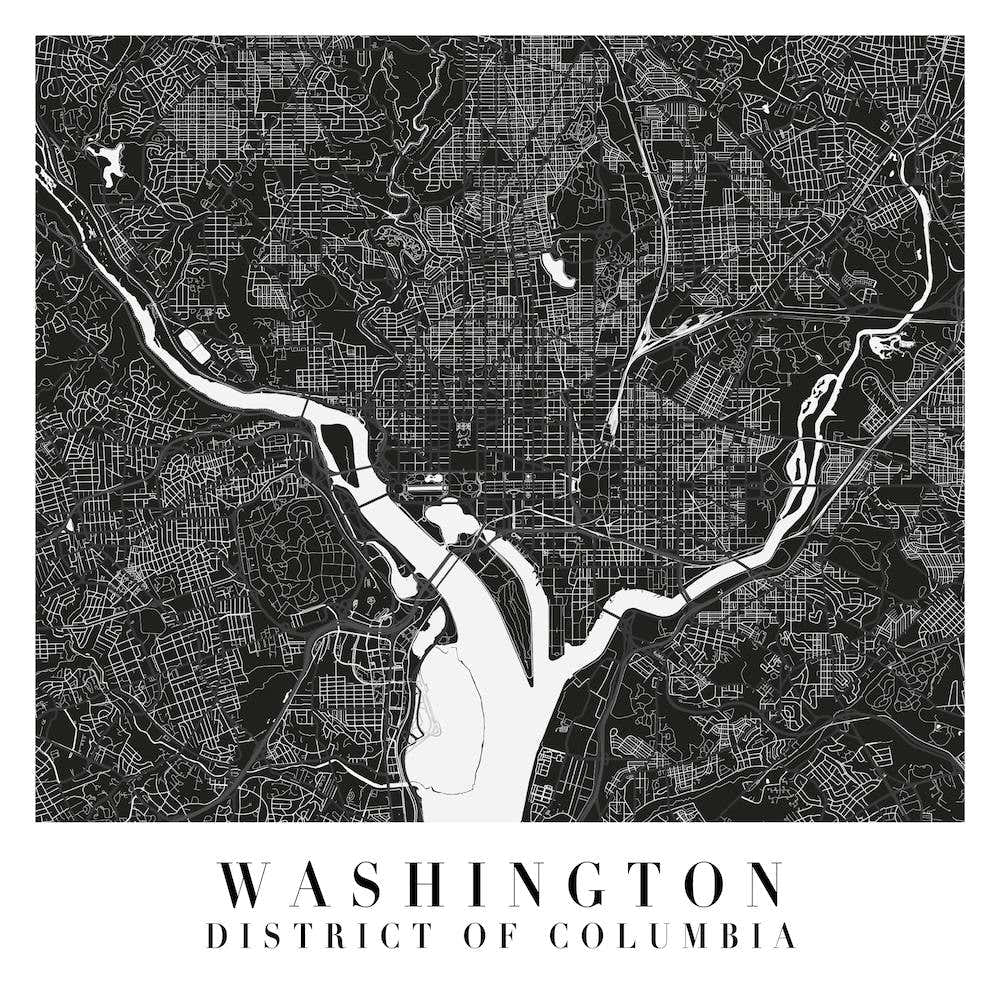 Washington Dc Minimal Black Mono Street Map  Square