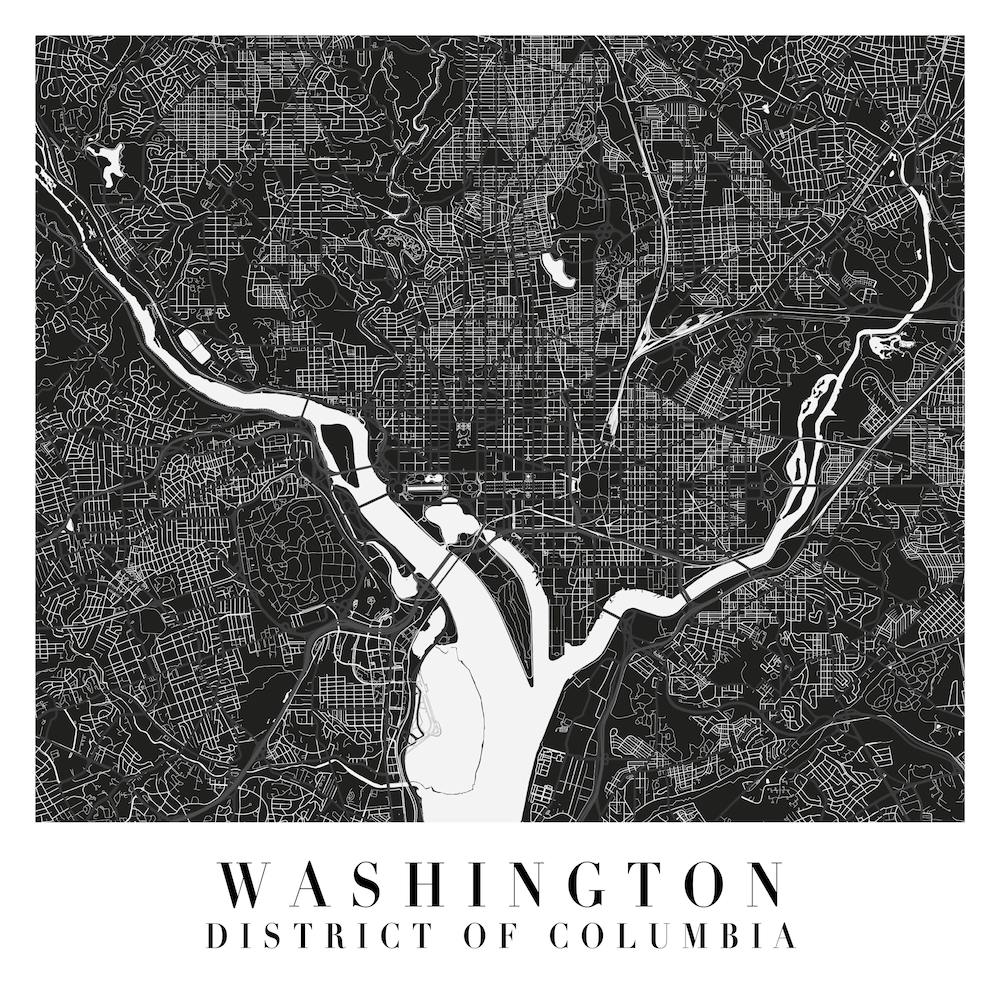 Washington Dc Minimal Black Mono Street Map  Square