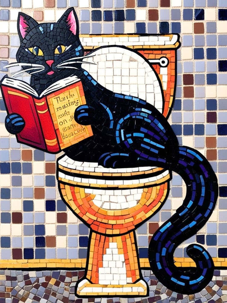Black Cat Reading Book On Toilet