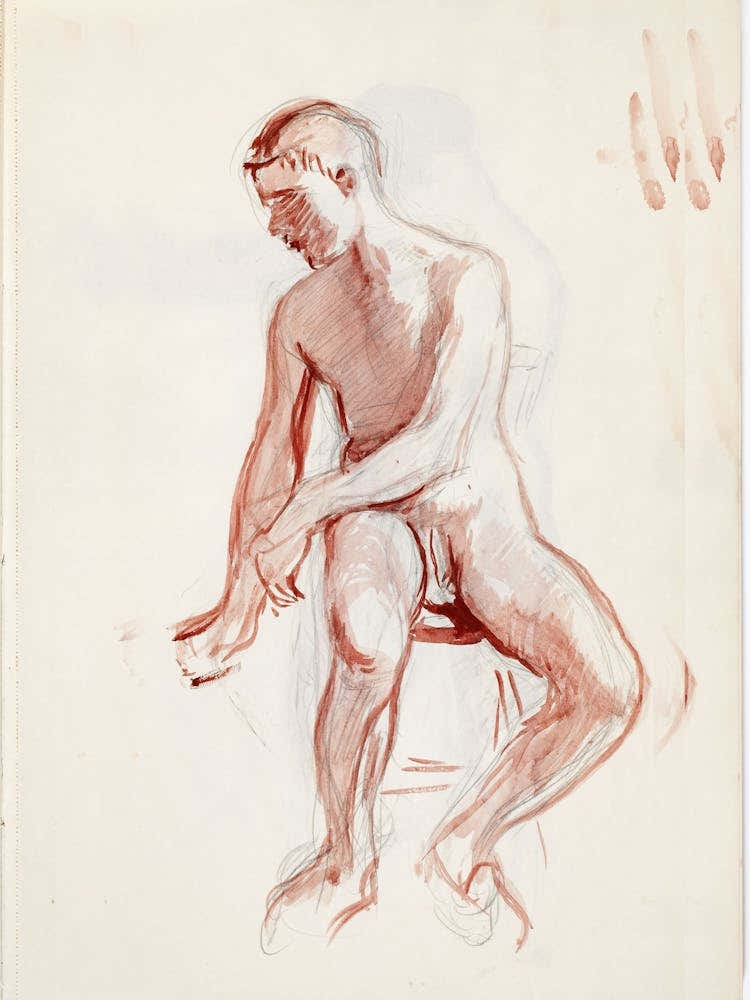 Istuva Alastn Mies, Luonnow, 1902 1909part Of A Sketchbook By Magnus Enckell