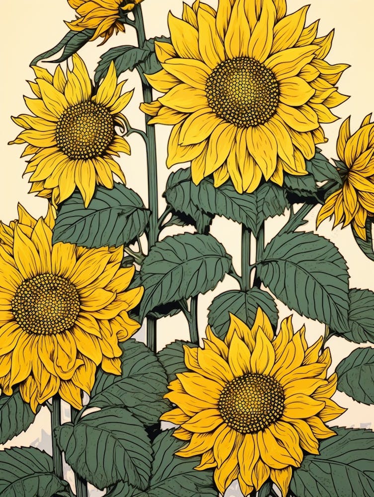 Himawari Sunflower Vintage Botanical Woodblock