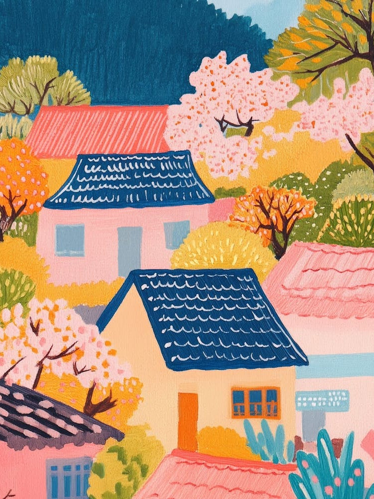 Japanese Village Gouache Painting