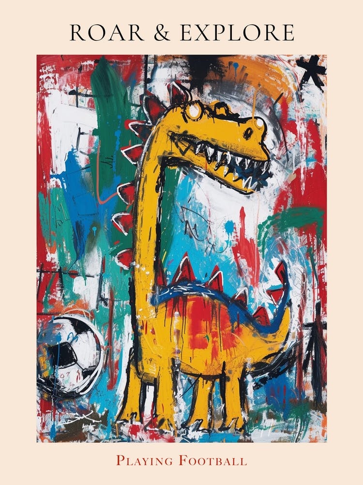 Dinosaur Playing Football Paint Splash Scribble 1 Poster