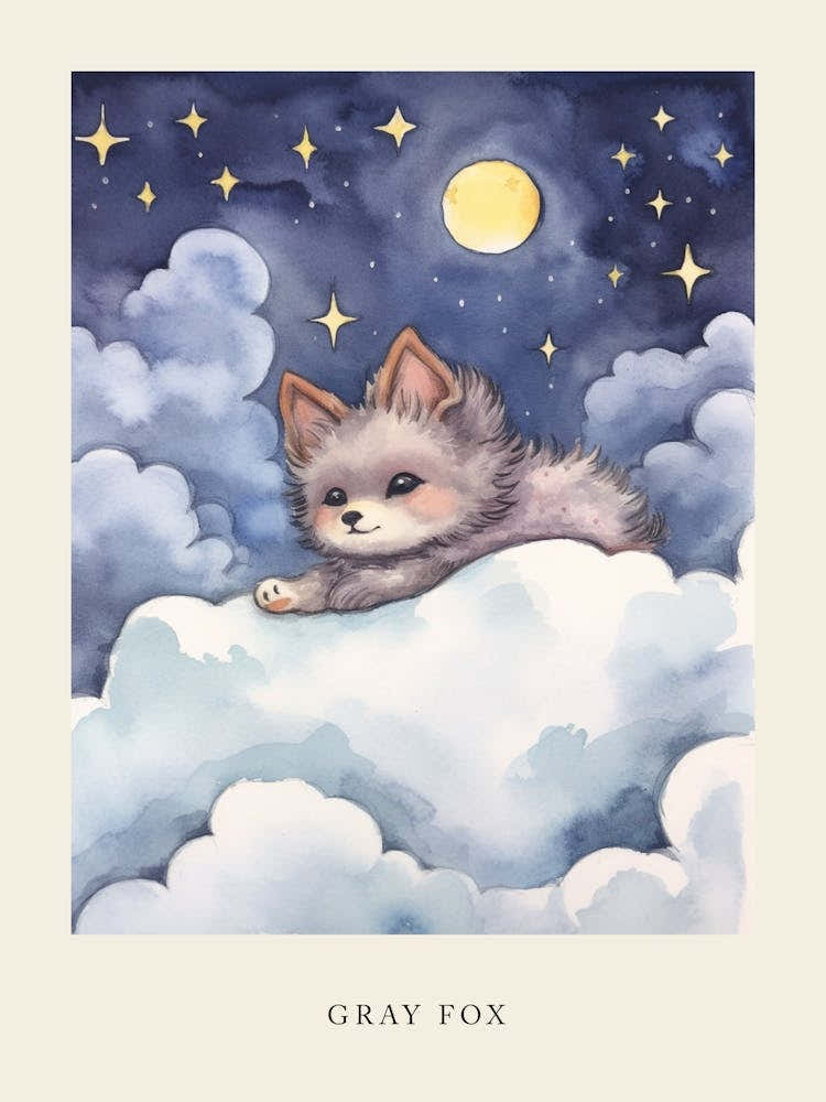 Baby Gray Fox Sleeping In The Clouds Nursery Poster