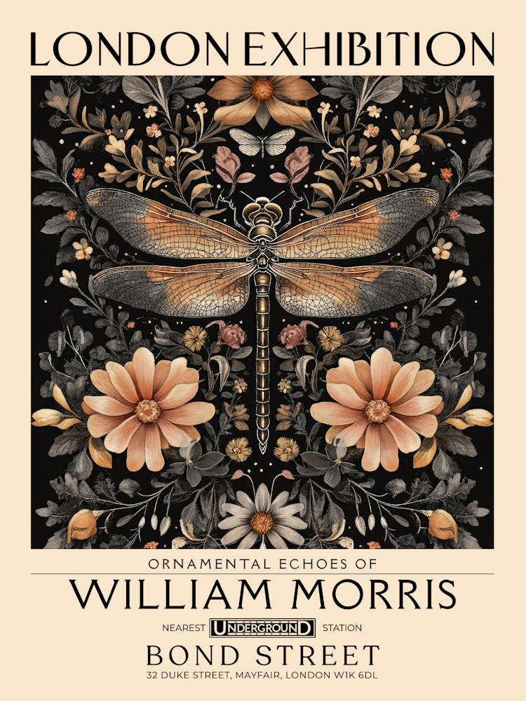 William Morris Dragonfly and floral artwork in Warm earth tones, insect and flower pattern dark academia library Botanical vintage print, living room vintage decor Floral tapestry Victorian nature art 4