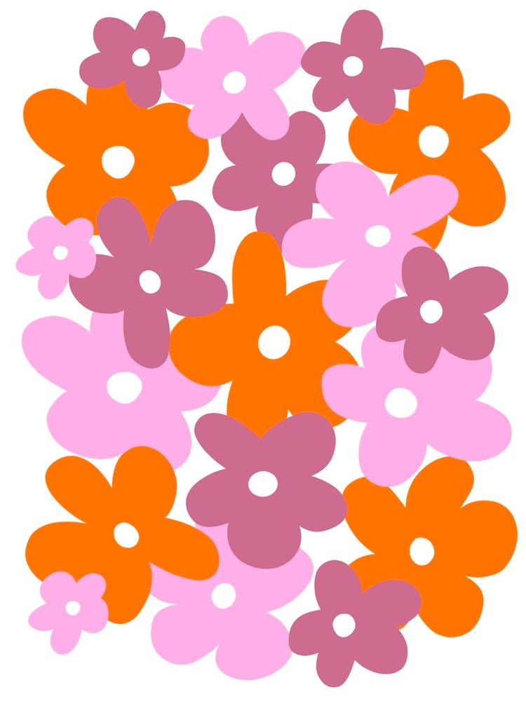 Retro 70’s Pink and Orange Flowers On A White Background