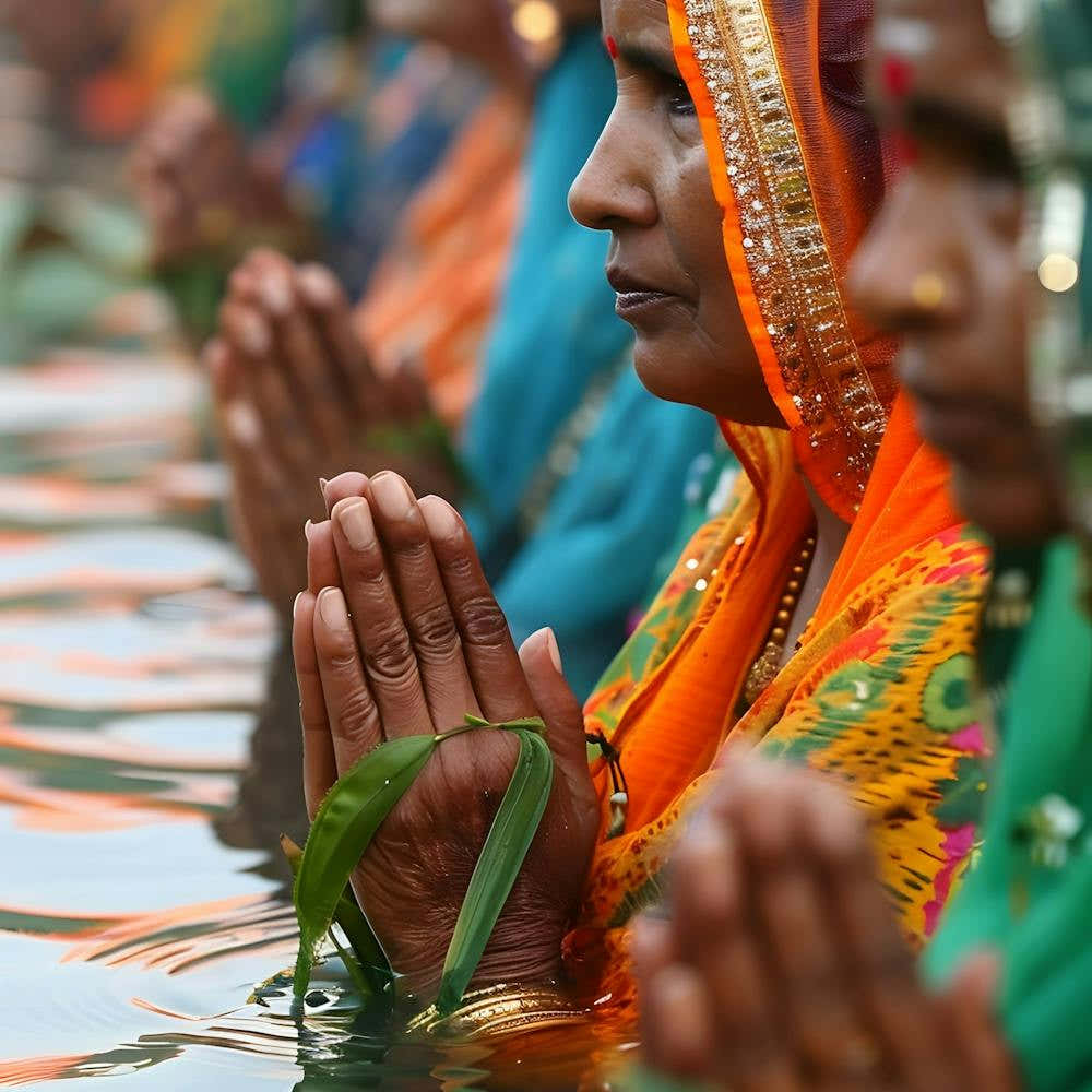 Indian Women Praying In The Water