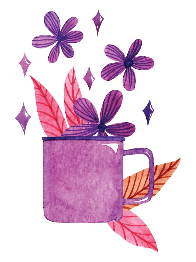 Watercolor Coffee Cup With Purple Flowers