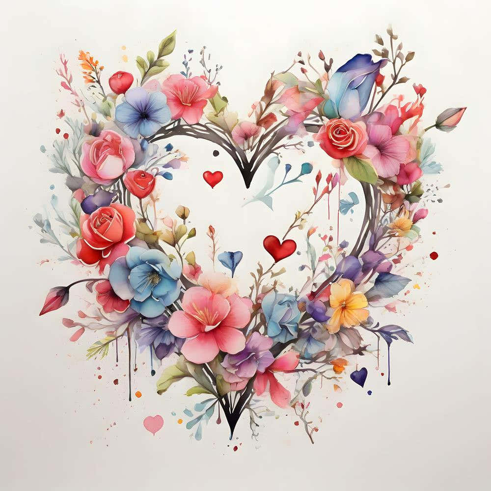 Watercolor Heart Of Flowers 2