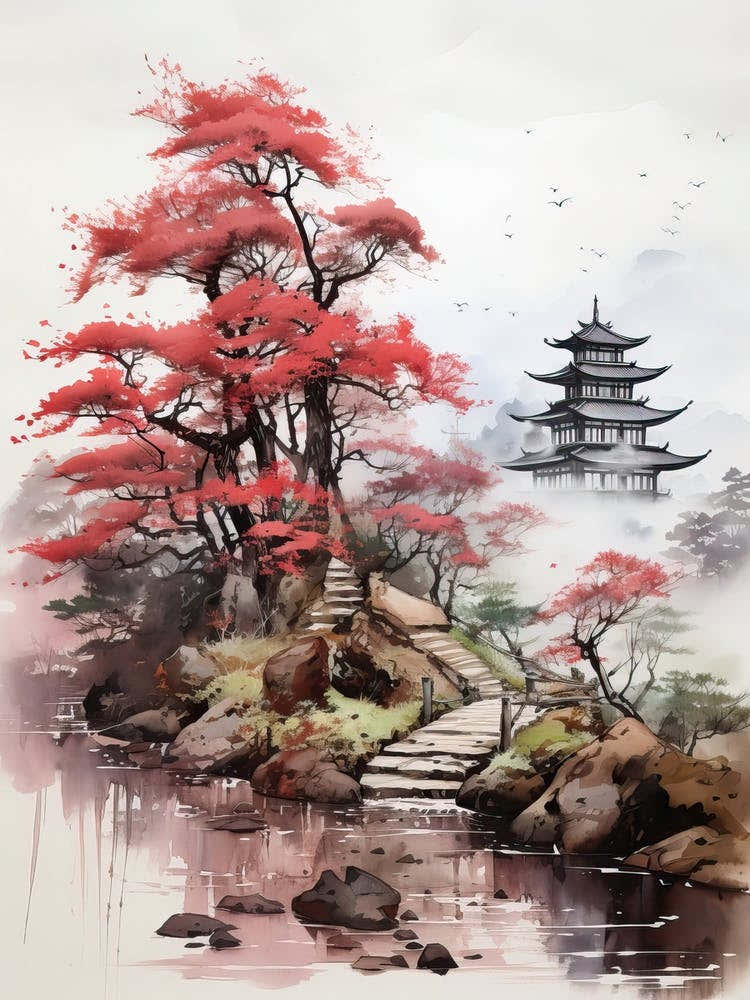 Ise Grand Shrine In Mie, Japanese Brush Painting, Ukiyo E, Minimal 4