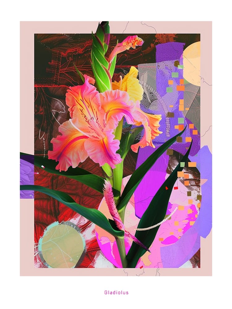 Gladiolus 4 Neon Flower Collage Poster