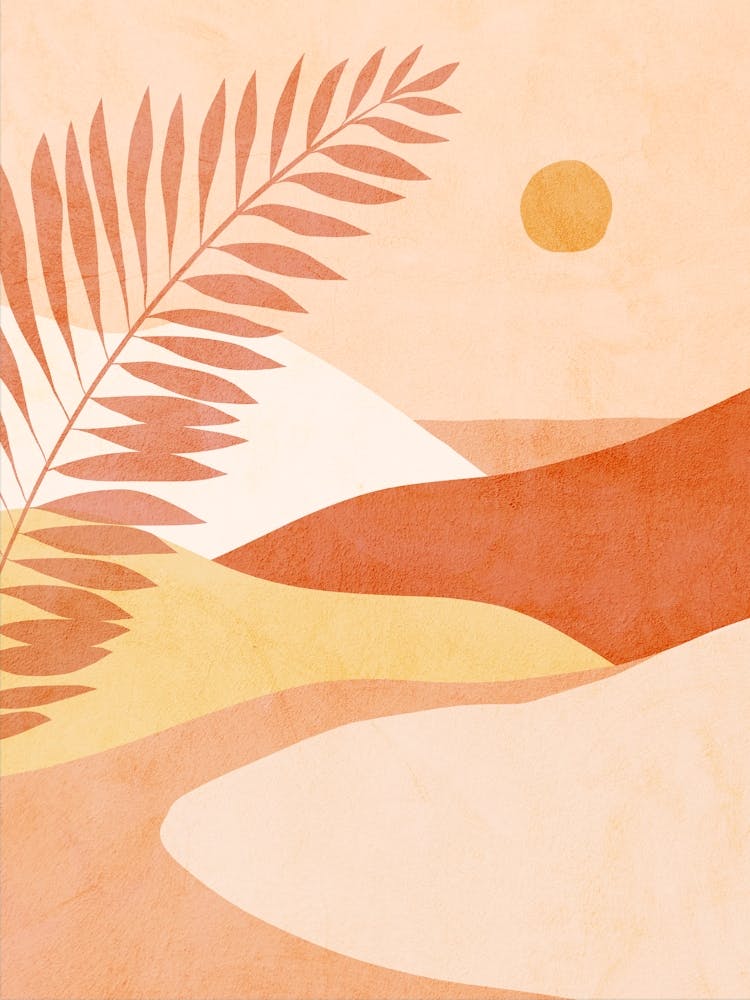 Mid Mod Boho Tropical Summer Landscape Peach Fuzz, Red, ochre