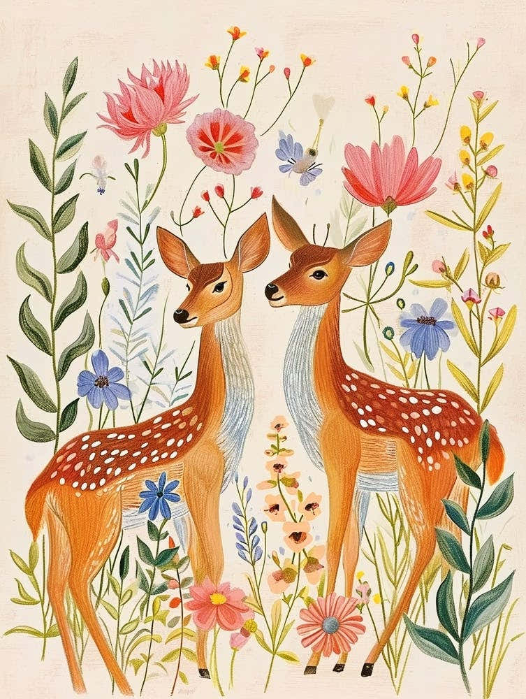 Folksy Floral Animal Drawing Deer 5