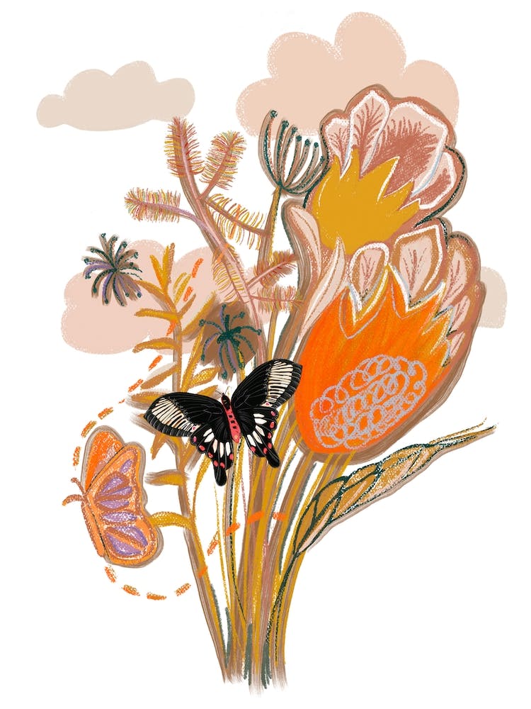 Flower Bouquet And Butterfly